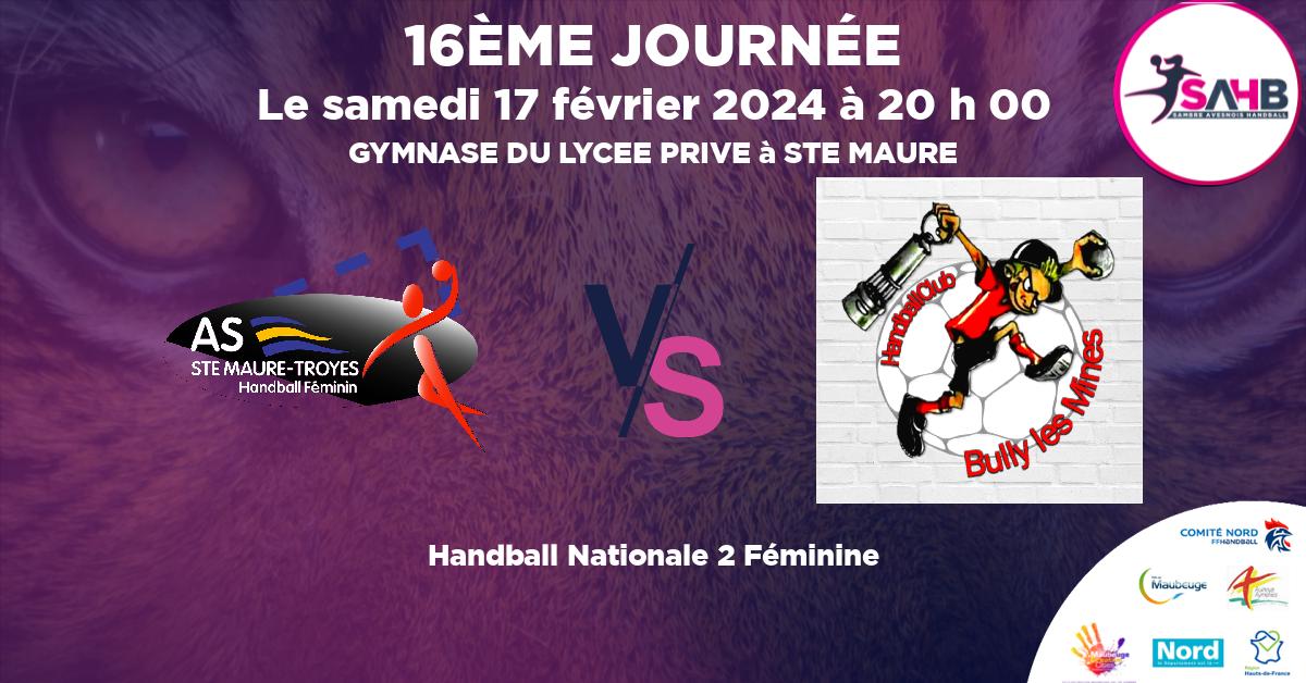 Nationale 2 Féminine handball, SAINTE-MAURE-TROYES VS BULLY LES MINES - GYMNASE DU LYCEE PRIVE à STE MAURE à 20 h 00