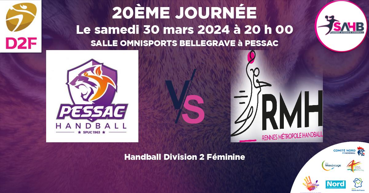 Division 2 Féminine handball, STADE PESSACAIS VS RENNES METROPOLE - SALLE OMNISPORTS BELLEGRAVE à PESSAC à 20 h 00