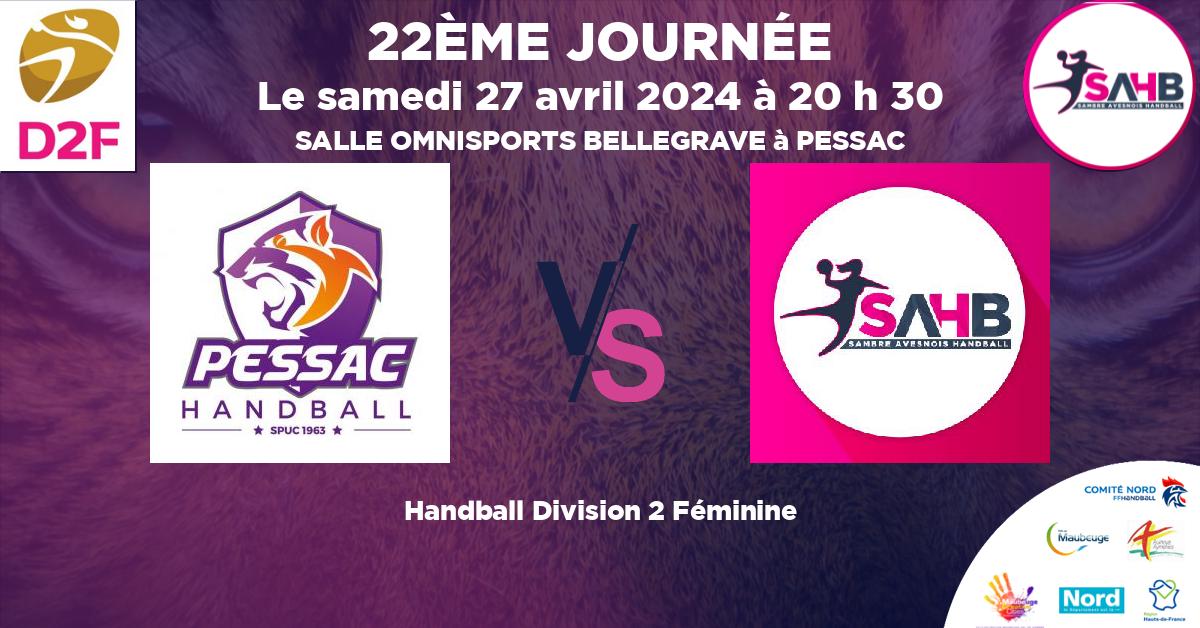 Division 2 Féminine handball, STADE PESSACAIS VS SAMBRE AVESNOIS - SALLE OMNISPORTS BELLEGRAVE à PESSAC à 20 h 30