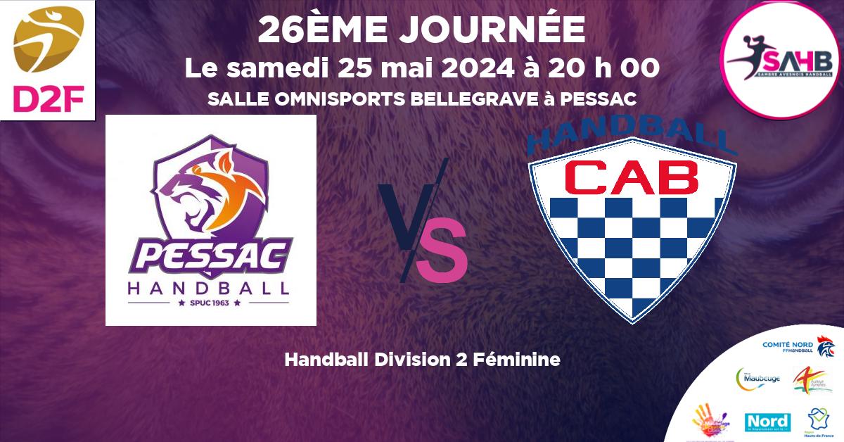 Division 2 Féminine handball, STADE PESSACAIS VS CLUB ATHLETIQUE BEGLAIS - SALLE OMNISPORTS BELLEGRAVE à PESSAC à 20 h 00