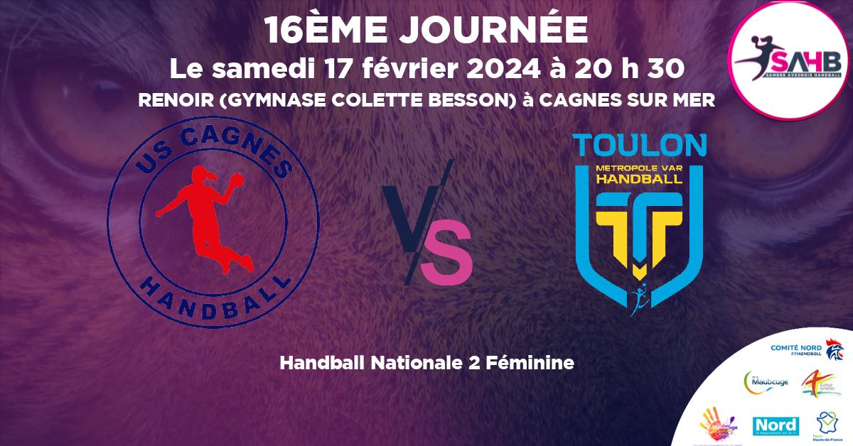 Nationale 2 Féminine handball, CAGNES VS TOULON - RENOIR (GYMNASE COLETTE BESSON) à CAGNES SUR MER à 20 h 30