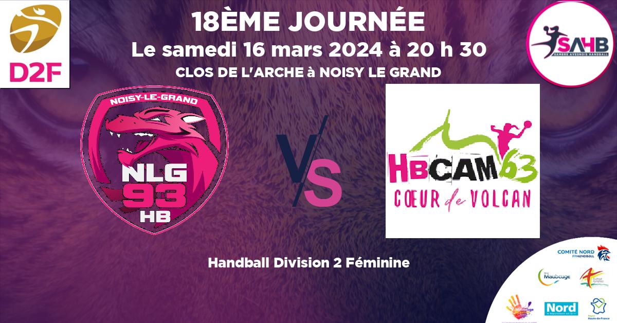 Division 2 Féminine handball, NOISY LE GRAND VS CLERMONT AUVERGNE METROPOLE 63 - CLOS DE L'ARCHE à NOISY LE GRAND à 20 h 30