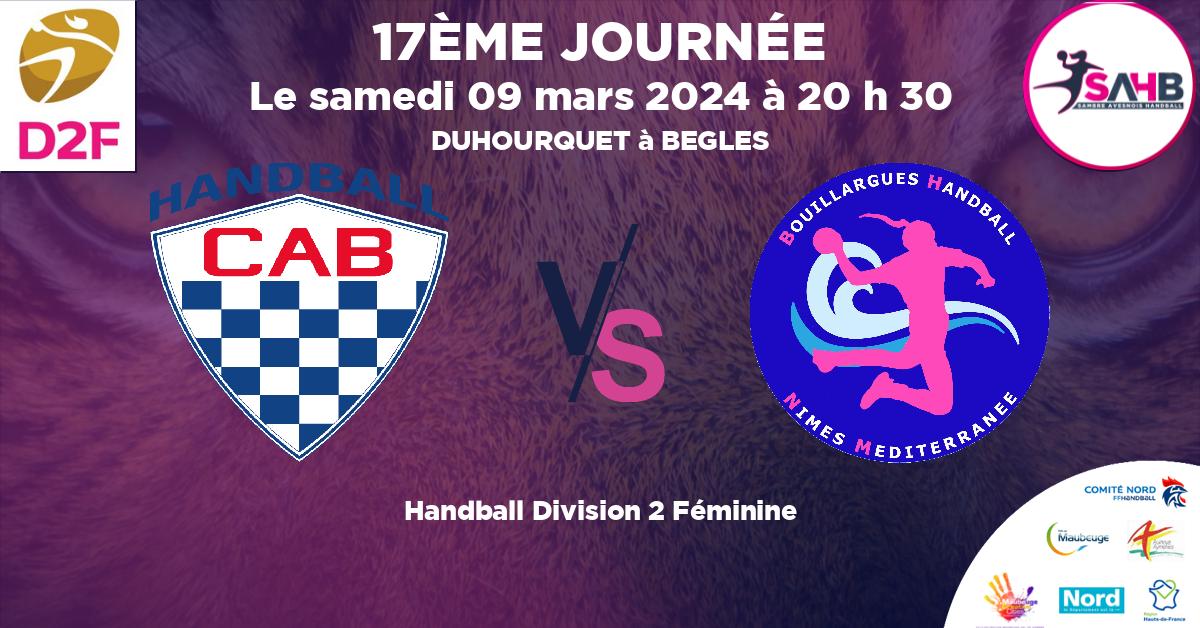 Division 2 Féminine handball, CLUB ATHLETIQUE BEGLAIS VS BOUILLARGUES NIMES METROPOLE - DUHOURQUET à BEGLES à 20 h 30