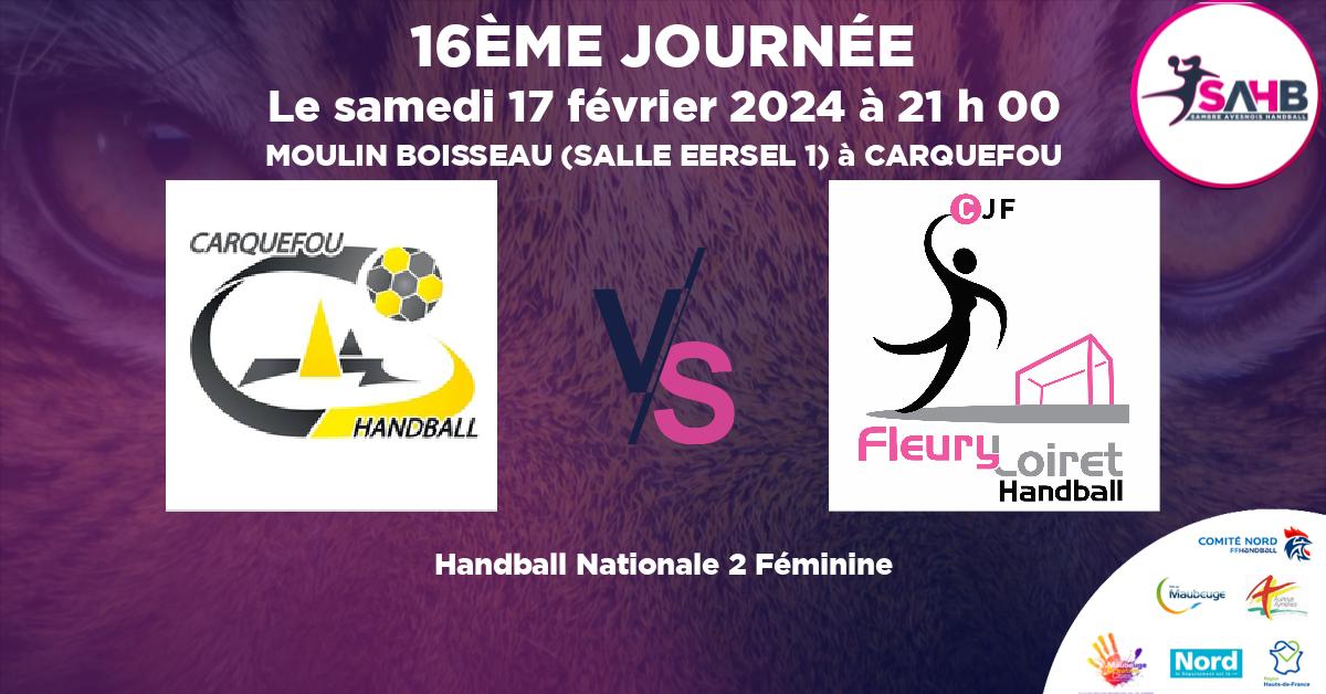 Nationale 2 Féminine handball, CARQUEFOU VS FLEURY LOIRET - MOULIN BOISSEAU (SALLE EERSEL 1) à CARQUEFOU à 21 h 00
