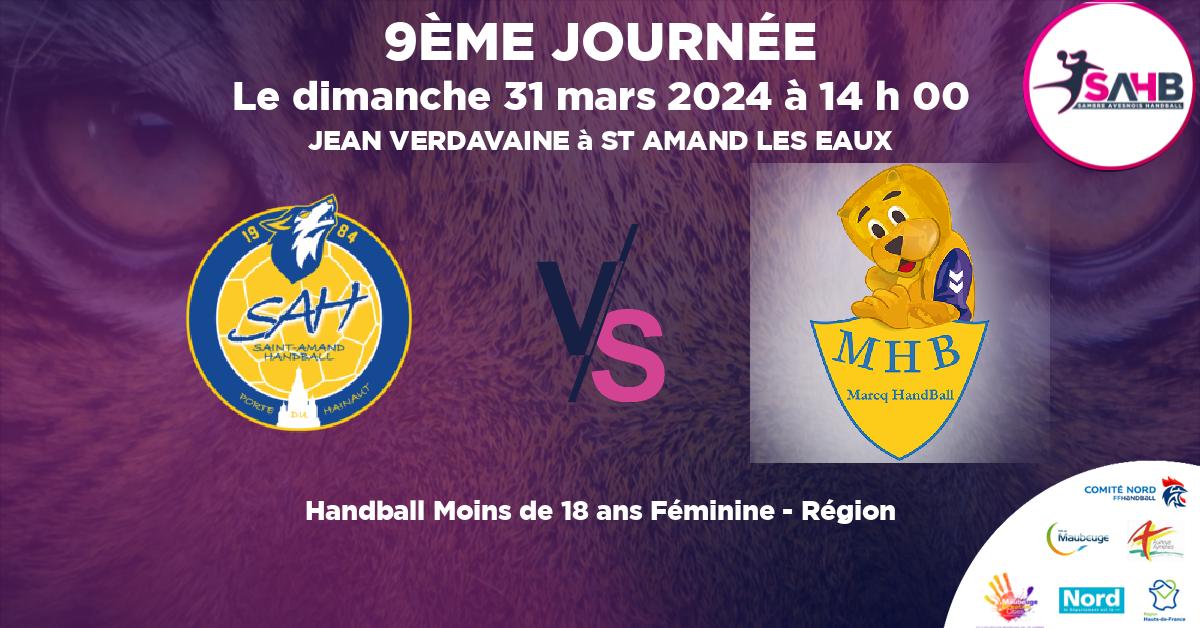 Moins de 18 ans Féminine - Région handball, ST AMAND LES EAUX VS MARCQ EN BAROEUL - JEAN VERDAVAINE à ST AMAND LES EAUX à 14 h 00