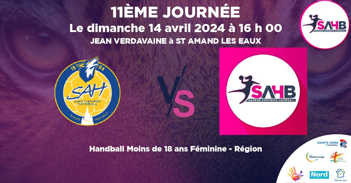 Moins de 18 ans Féminine - Région handball, ST AMAND LES EAUX VS SAMBRE AVESNOIS - JEAN VERDAVAINE à ST AMAND LES EAUX à 16 h 00