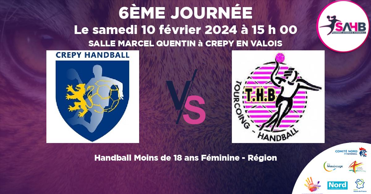 Moins de 18 ans Féminine - Région handball, CREPY EN VALOIS VS TOURCOING - SALLE MARCEL QUENTIN à CREPY EN VALOIS à 15 h 00