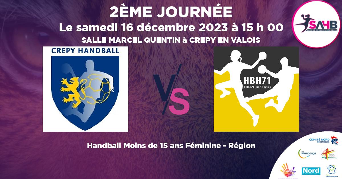 Moins de 15 ans Féminine - Région handball, CREPY EN VALOIS VS HAZEBROUCK 71 - SALLE MARCEL QUENTIN à CREPY EN VALOIS à 15 h 00