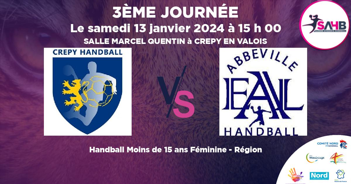 Moins de 15 ans Féminine - Région handball, CREPY EN VALOIS VS ABBEVILLE - SALLE MARCEL QUENTIN à CREPY EN VALOIS à 15 h 00