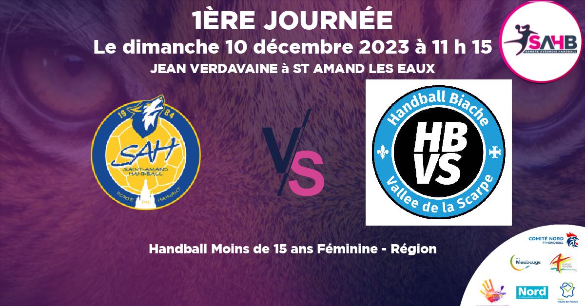 Moins de 15 ans Féminine - Région handball, ST AMAND LES EAUX VS BIACHE VALLEE SCARPE - JEAN VERDAVAINE à ST AMAND LES EAUX à 11 h 15