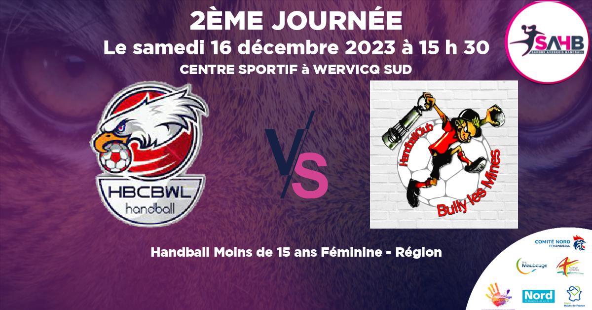 Moins de 15 ans Féminine - Région handball, BOUSBECQUE - WERVICQ VS BULLY LES MINES - CENTRE SPORTIF à WERVICQ SUD à 15 h 30