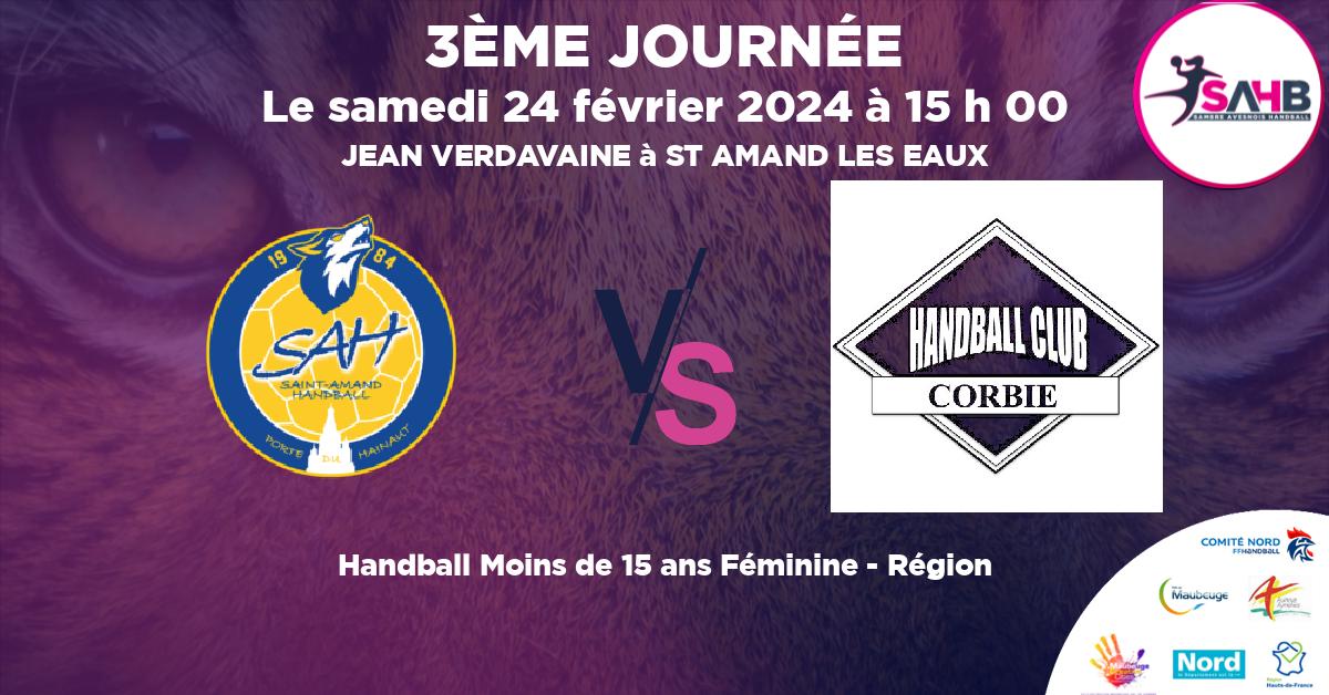 Moins de 15 ans Féminine - Région handball, ST AMAND LES EAUX VS CORBIE - JEAN VERDAVAINE à ST AMAND LES EAUX à 15 h 00
