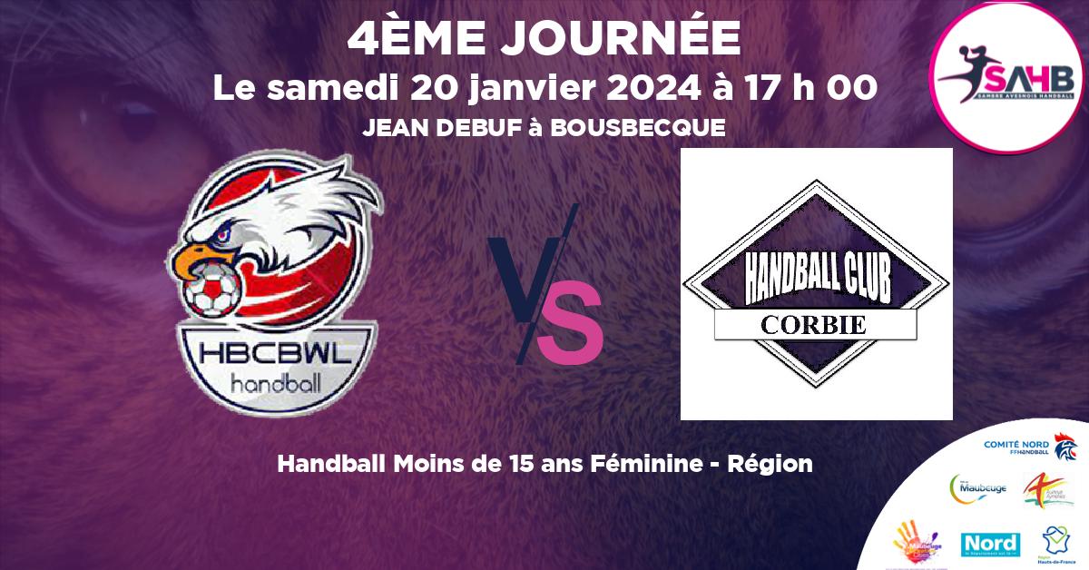 Moins de 15 ans Féminine - Région handball, BOUSBECQUE - WERVICQ VS CORBIE - JEAN DEBUF à BOUSBECQUE à 17 h 00