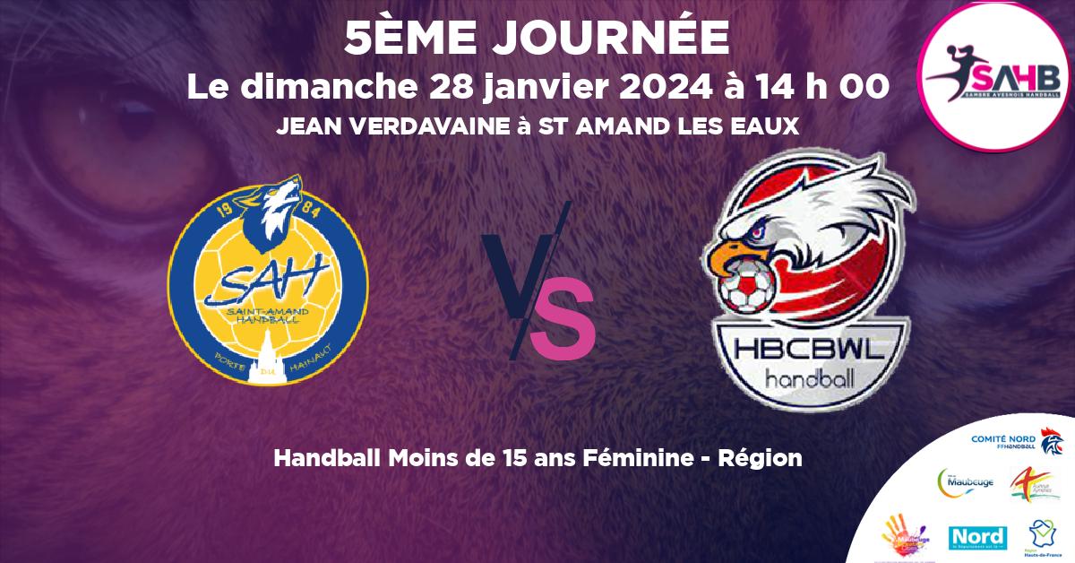 Moins de 15 ans Féminine - Région handball, ST AMAND LES EAUX VS BOUSBECQUE - WERVICQ - JEAN VERDAVAINE à ST AMAND LES EAUX à 14 h 00