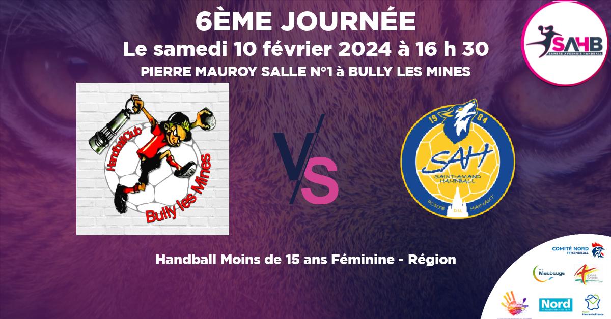 Moins de 15 ans Féminine - Région handball, BULLY LES MINES VS ST AMAND LES EAUX - PIERRE MAUROY SALLE N°1 à BULLY LES MINES à 16 h 30
