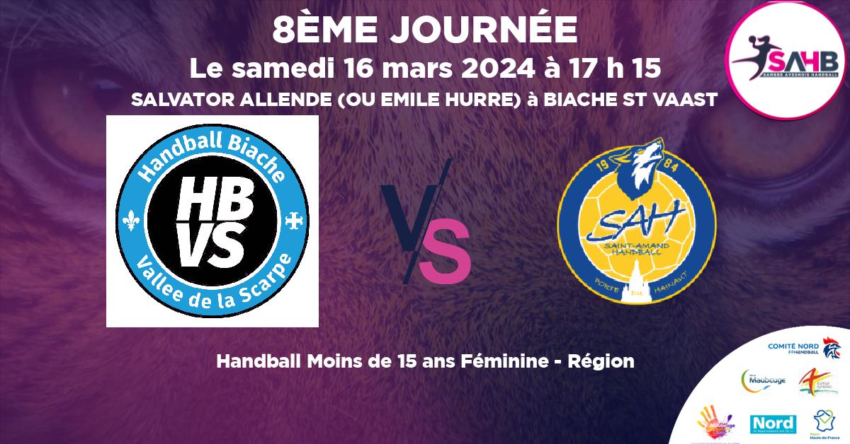 Moins de 15 ans Féminine - Région handball, BIACHE VALLEE SCARPE VS ST AMAND LES EAUX - SALVATOR ALLENDE (OU EMILE HURRE) à BIACHE ST VAAST à 17 h 15