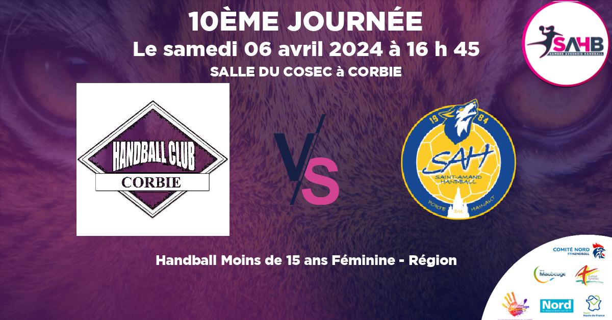 Moins de 15 ans Féminine - Région handball, CORBIE VS ST AMAND LES EAUX - SALLE DU COSEC à CORBIE à 16 h 45
