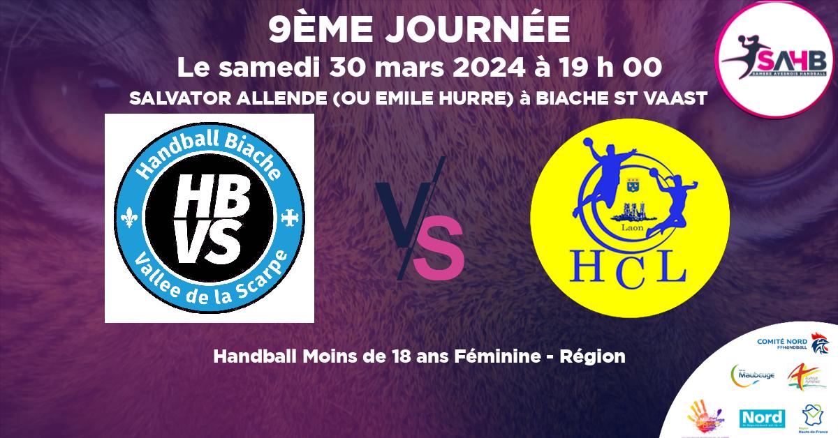 Moins de 18 ans Féminine - Région handball, BIACHE VALLEE SCARPE VS LAON - SALVATOR ALLENDE (OU EMILE HURRE) à BIACHE ST VAAST à 19 h 00