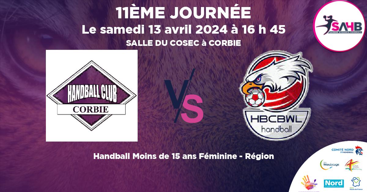 Moins de 15 ans Féminine - Région handball, CORBIE VS BOUSBECQUE - WERVICQ - SALLE DU COSEC à CORBIE à 16 h 45