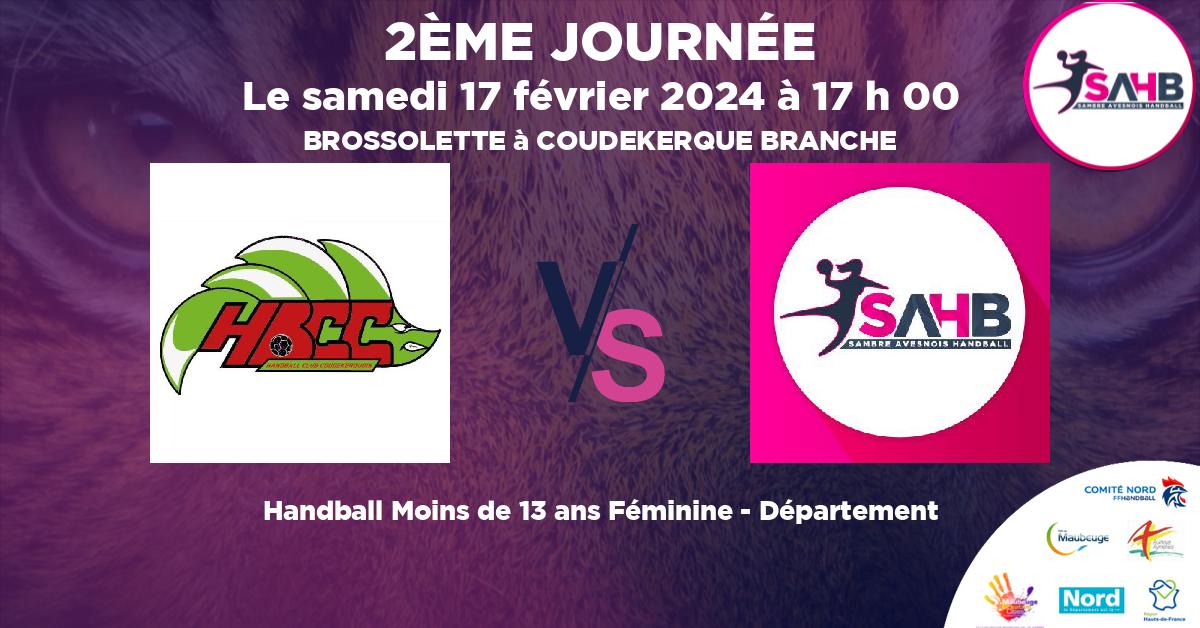 Moins de 13 ans Féminine - Département handball, COUDEKERQUE VS SAMBRE AVESNOIS - BROSSOLETTE à COUDEKERQUE BRANCHE à 17 h 00