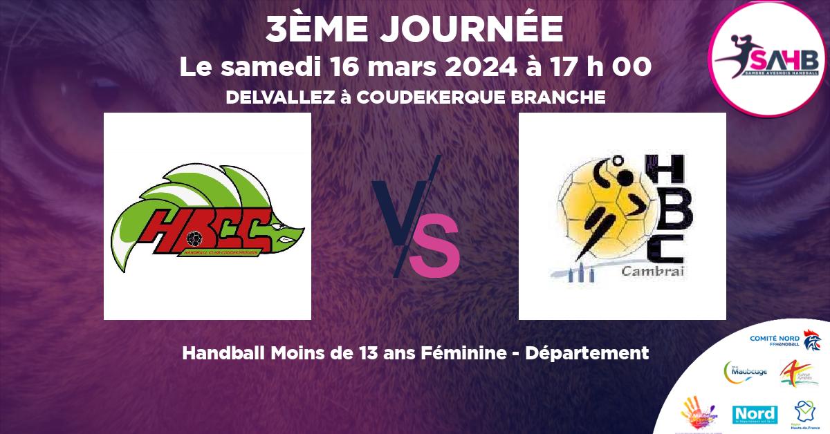 Moins de 13 ans Féminine - Département handball, COUDEKERQUE VS CAMBRAI - DELVALLEZ à COUDEKERQUE BRANCHE à 17 h 00