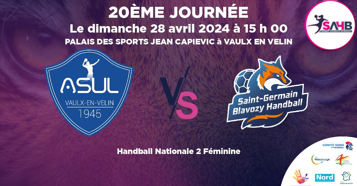 Nationale 2 Féminine handball, ASUL VAULX EN VELIN VS SAINT GERMAIN BLAVOZY - PALAIS DES SPORTS JEAN CAPIEVIC à VAULX EN VELIN à 15 h 00