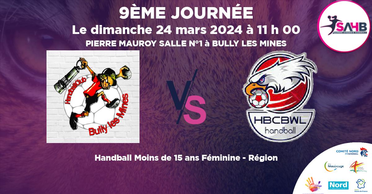 Moins de 15 ans Féminine - Région handball, BULLY LES MINES VS BOUSBECQUE - WERVICQ - PIERRE MAUROY SALLE N°1 à BULLY LES MINES à 11 h 00