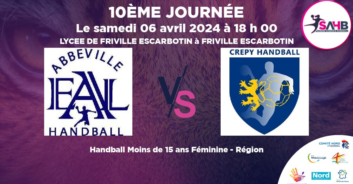 Moins de 15 ans Féminine - Région handball, ABBEVILLE VS CREPY EN VALOIS - LYCEE DE FRIVILLE ESCARBOTIN à FRIVILLE ESCARBOTIN à 18 h 00