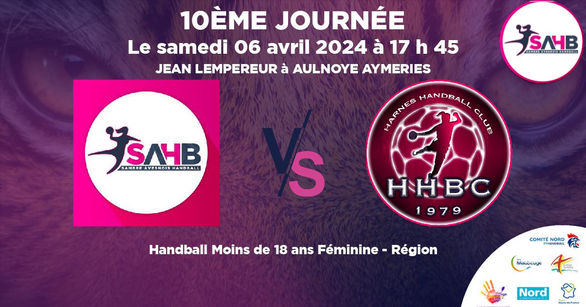 Moins de 18 ans Féminine - Région handball, SAMBRE AVESNOIS VS HARNES - JEAN LEMPEREUR à AULNOYE AYMERIES à 17 h 45