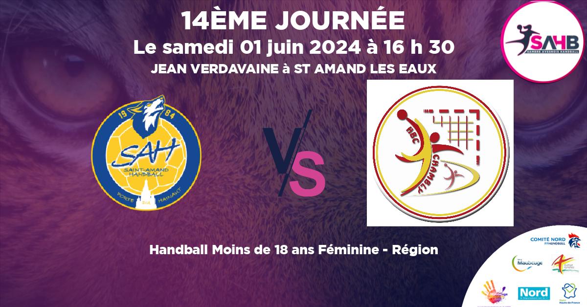 Moins de 18 ans Féminine - Région handball, ST AMAND LES EAUX VS CHAMBLY - JEAN VERDAVAINE à ST AMAND LES EAUX à 16 h 30