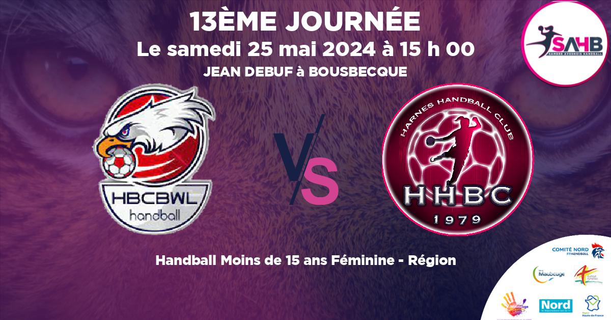 Moins de 15 ans Féminine - Région handball, BOUSBECQUE - WERVICQ VS HARNES - JEAN DEBUF à BOUSBECQUE à 15 h 00