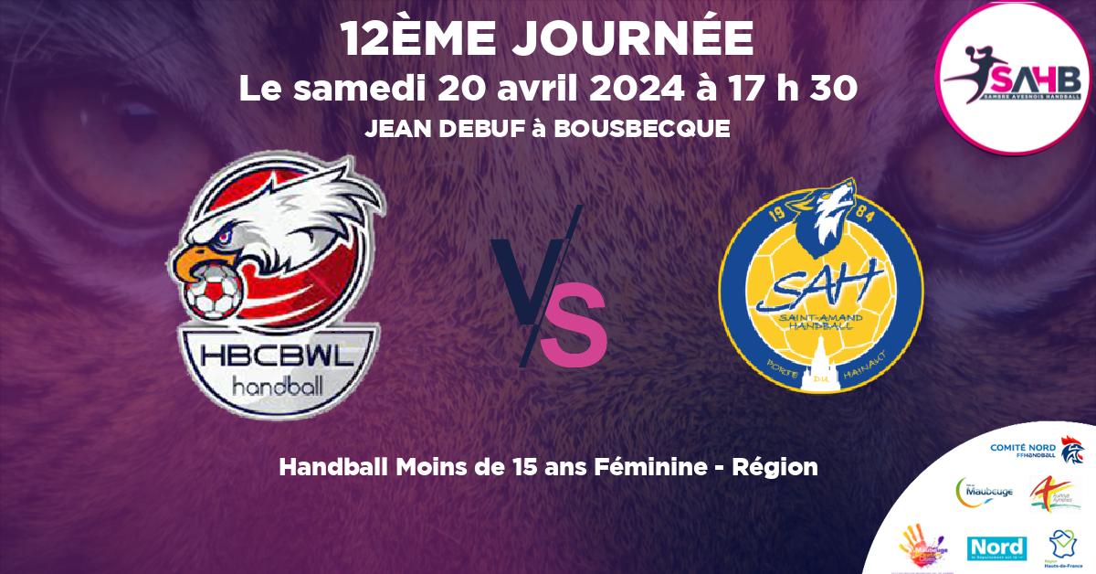 Moins de 15 ans Féminine - Région handball, BOUSBECQUE - WERVICQ VS ST AMAND LES EAUX - JEAN DEBUF à BOUSBECQUE à 17 h 30