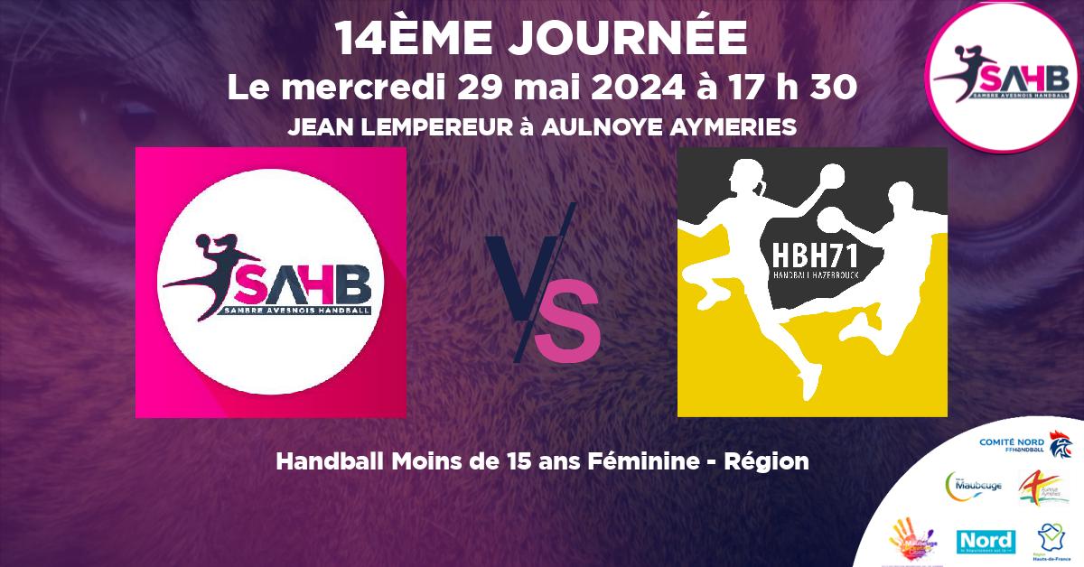 Moins de 15 ans Féminine - Région handball, SAMBRE AVESNOIS VS HAZEBROUCK 71 - JEAN LEMPEREUR à AULNOYE AYMERIES à 17 h 30