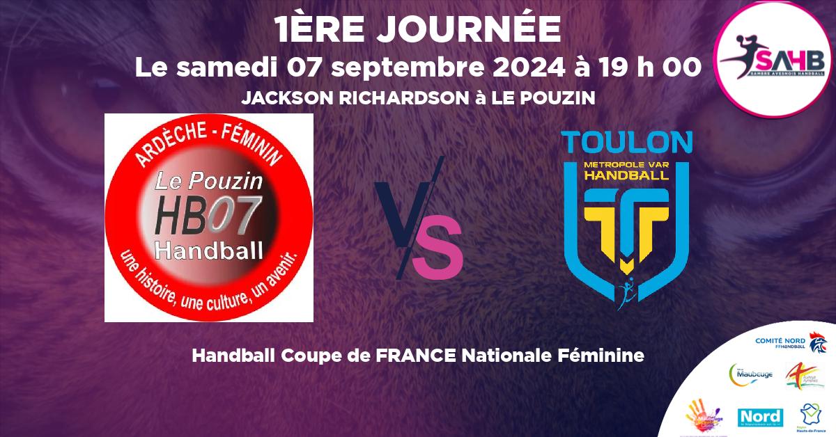 Coupe de FRANCE Nationale Féminine handball, LE POUZIN 07 VS TOULON - JACKSON RICHARDSON à LE POUZIN à 19 h 00