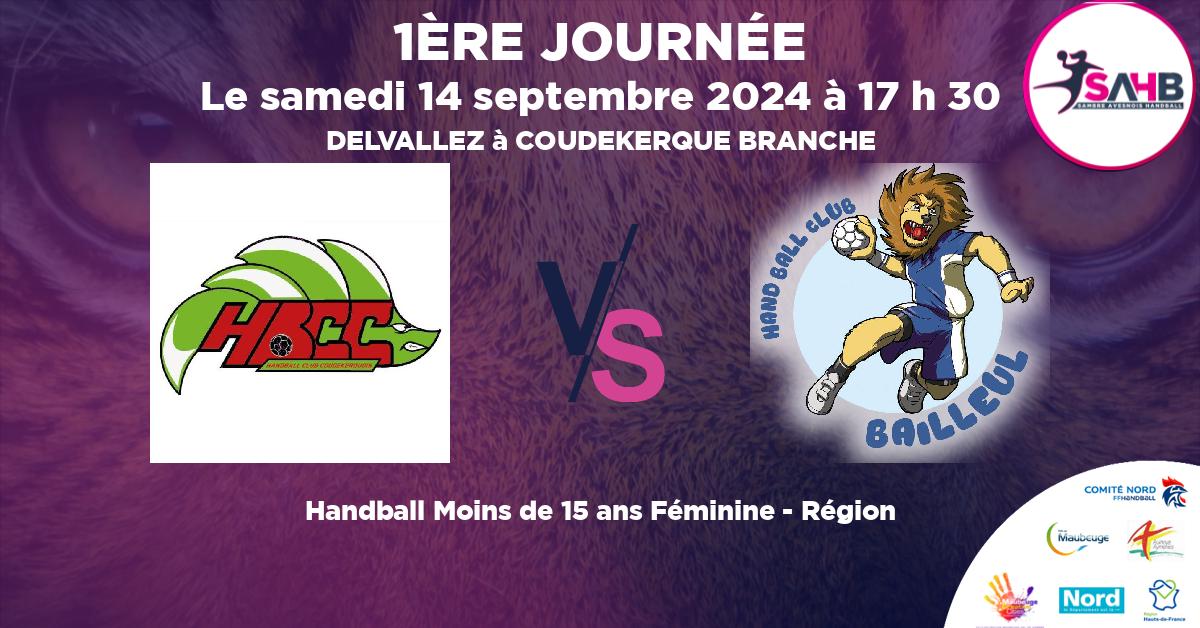 Moins de 15 ans Féminine - Région handball, COUDEKERQUE VS BAILLEUL - DELVALLEZ à COUDEKERQUE BRANCHE à 17 h 30