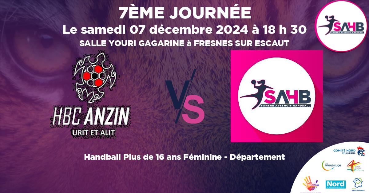 Plus de 16 ans Féminine - Département handball, ANZIN VS SAMBRE AVESNOIS - SALLE YOURI GAGARINE à FRESNES SUR ESCAUT à 18 h 30
