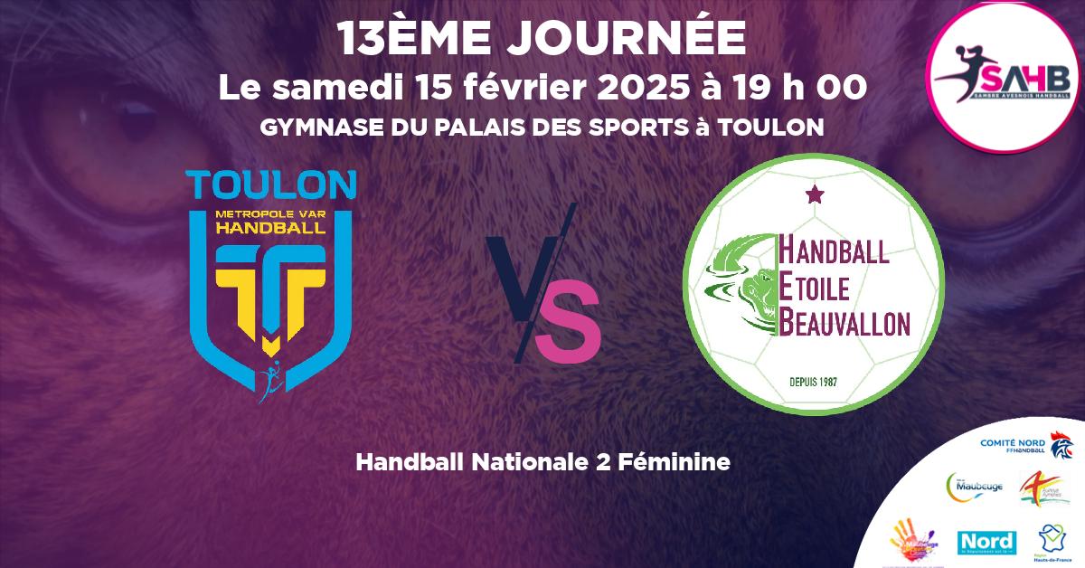 Nationale 2 Féminine handball, TOULON VS ETOILE BEAUVALLON - GYMNASE DU PALAIS DES SPORTS à TOULON à 19 h 00