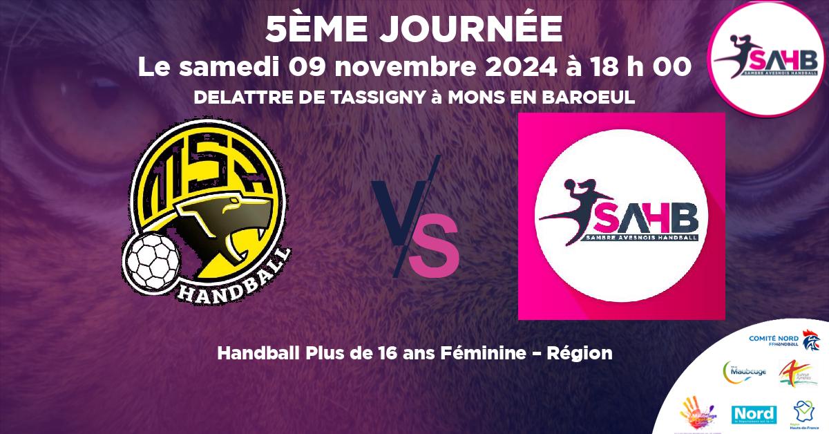 Plus de 16 ans Féminine – Région handball, MON'S'PORT VS SAMBRE AVESNOIS - DELATTRE DE TASSIGNY à MONS EN BAROEUL à 18 h 00