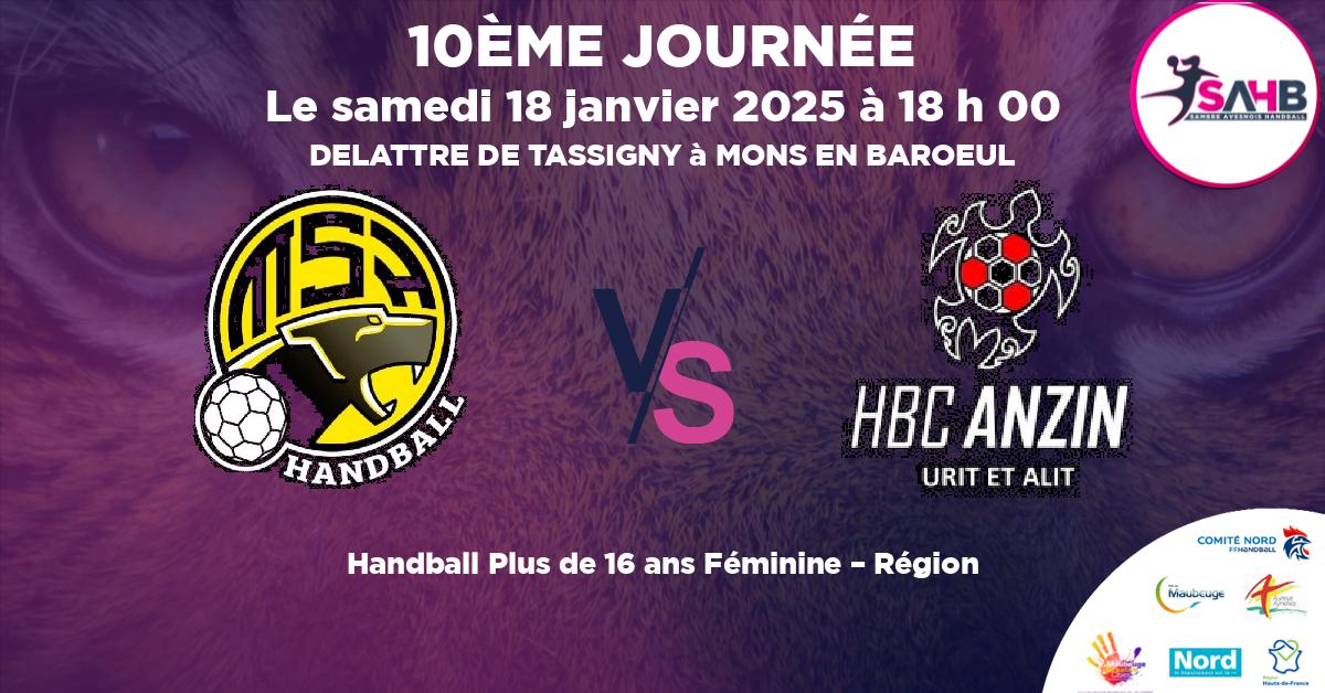 Plus de 16 ans Féminine – Région handball, MON'S'PORT VS ANZIN - DELATTRE DE TASSIGNY à MONS EN BAROEUL à 18 h 00
