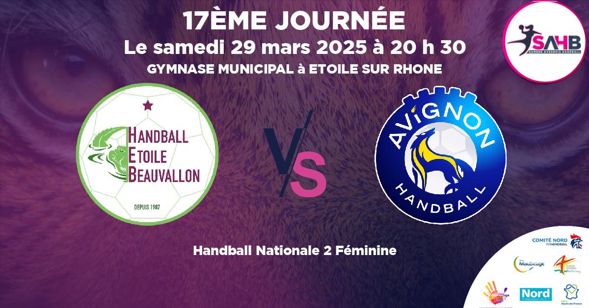 Nationale 2 Féminine handball, ETOILE BEAUVALLON VS AVIGNON - GYMNASE MUNICIPAL à ETOILE SUR RHONE à 20 h 30