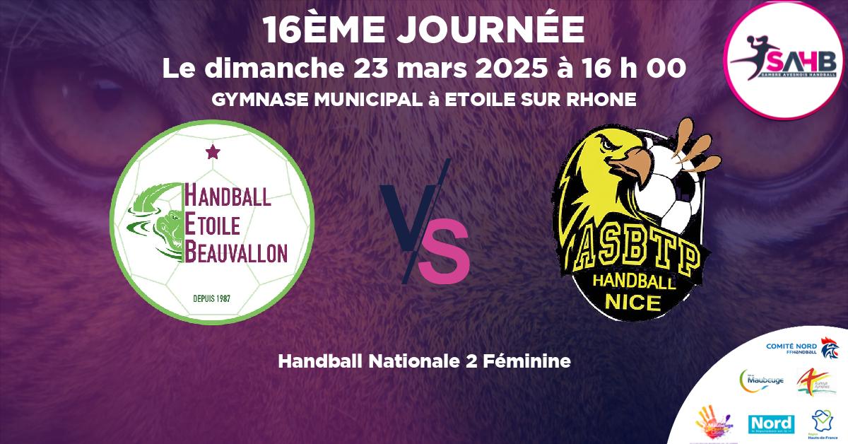 Nationale 2 Féminine handball, ETOILE BEAUVALLON VS NICE - GYMNASE MUNICIPAL à ETOILE SUR RHONE à 16 h 00