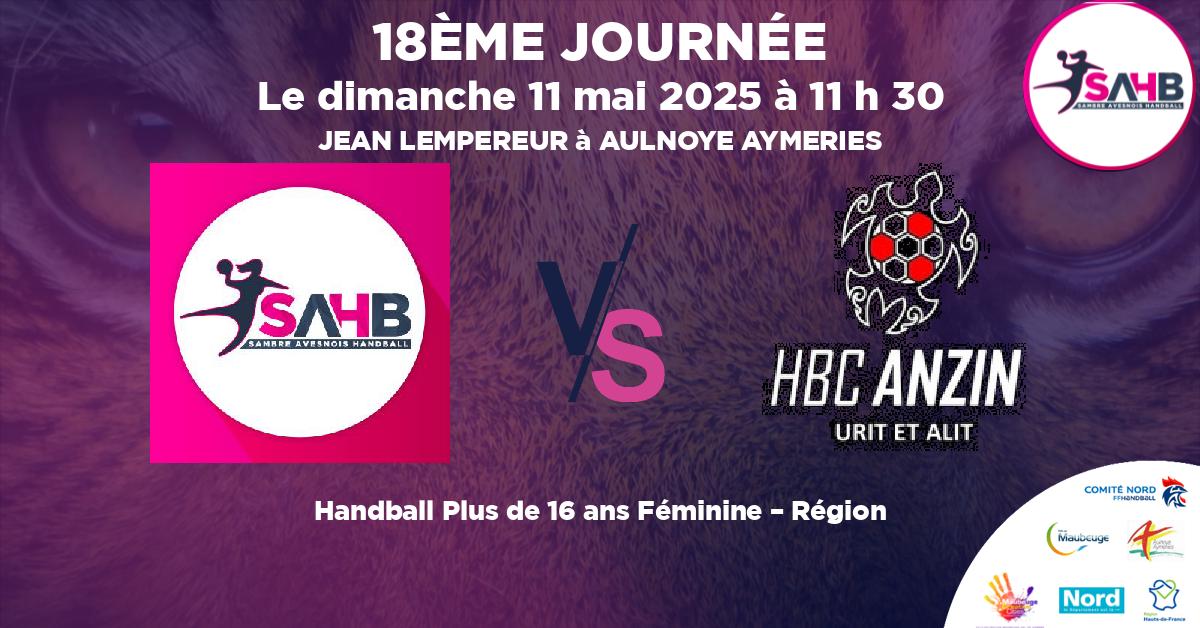 Plus de 16 ans Féminine – Région handball, SAMBRE AVESNOIS VS ANZIN - JEAN LEMPEREUR à AULNOYE AYMERIES à 11 h 30