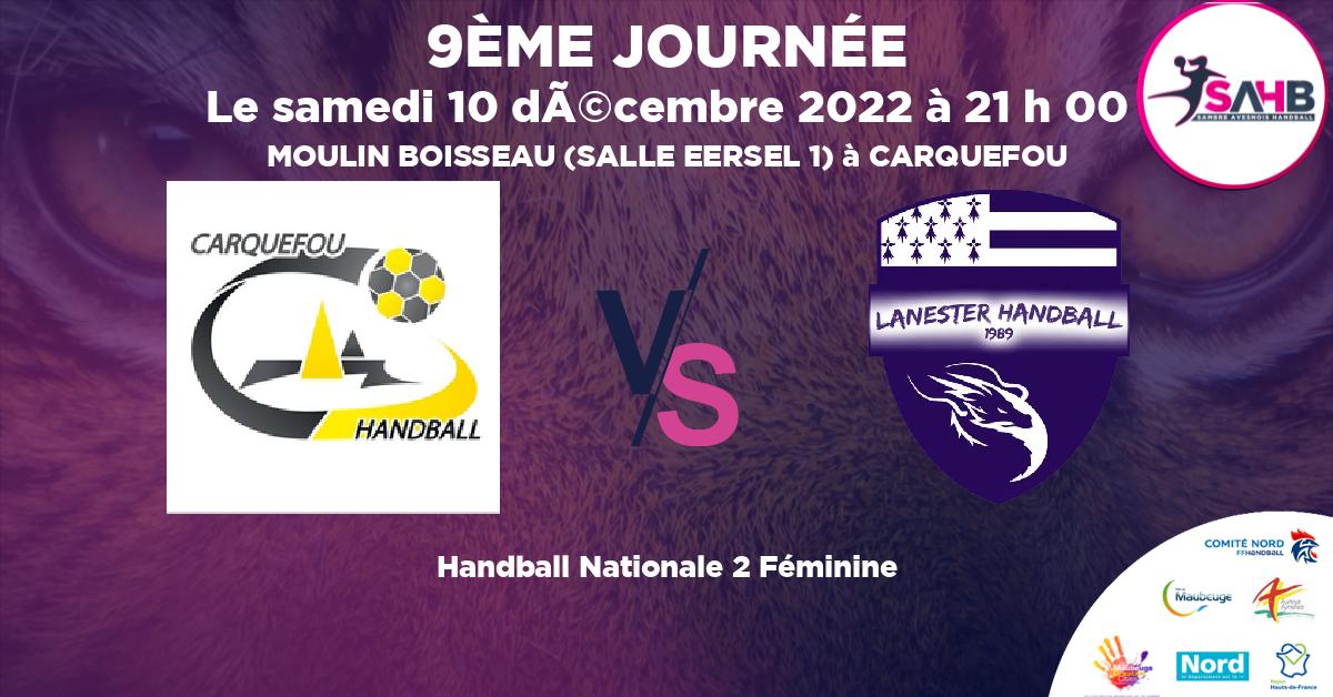 Nationale 2 Féminine handball, CARQUEFOU VS LANESTER - MOULIN BOISSEAU (SALLE EERSEL 1) à CARQUEFOU à 21 h 00