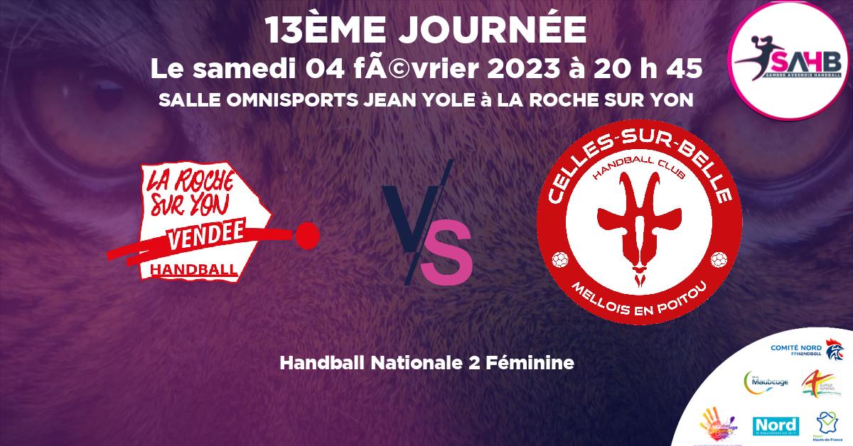 Nationale 2 Féminine handball, LA ROCHE SUR YON VENDEE VS CELLES SUR BELLE MELLOIS EN POITOU - SALLE OMNISPORTS JEAN YOLE à LA ROCHE SUR YON à 20 h 45