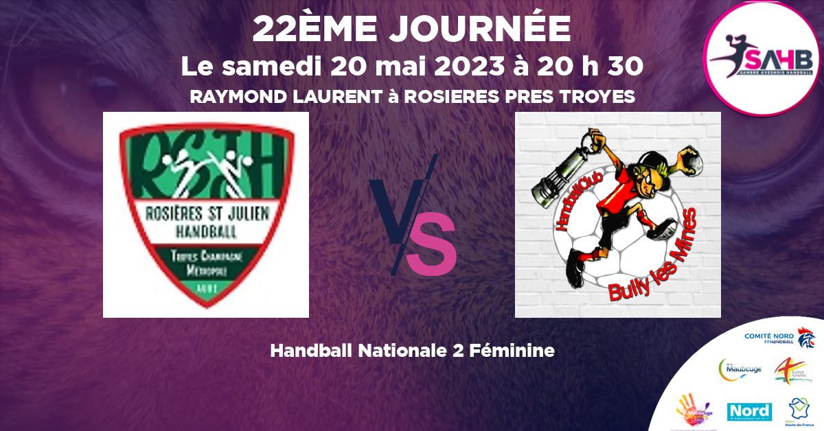 Nationale 2 Féminine handball, ROSIERES ST-JULIEN VS BULLY LES MINES - RAYMOND LAURENT à ROSIERES PRES TROYES à 20 h 30