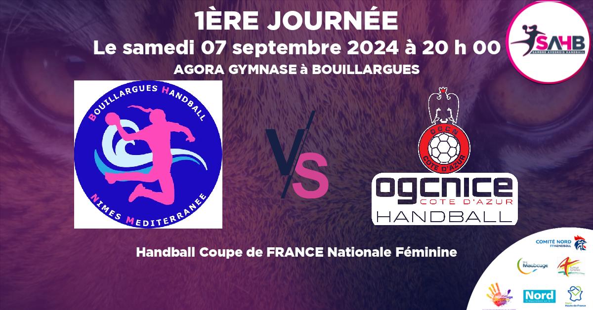 Coupe de FRANCE Nationale Féminine handball, BOUILLARGUES NIMES MEDITERRANEE VS OGC NICE COTE D'AZUR - AGORA GYMNASE à BOUILLARGUES à 20 h 00