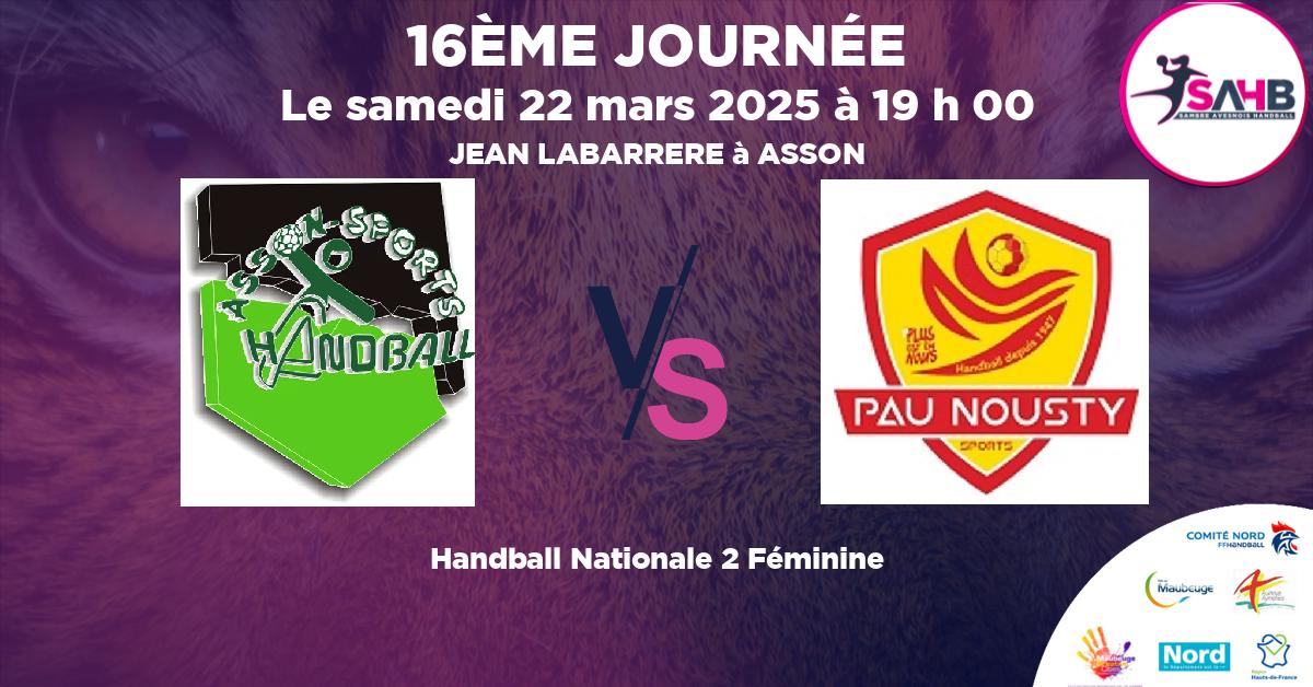 Nationale 2 Féminine handball, ASSON VS PAU NOUSTY - JEAN LABARRERE à ASSON à 19 h 00
