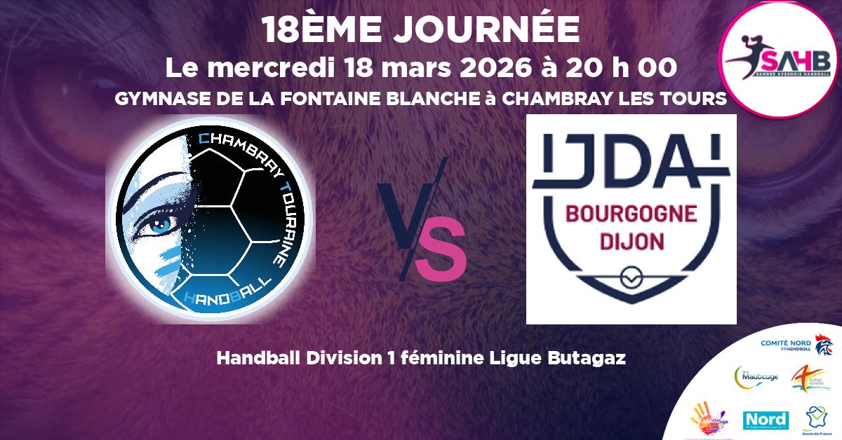 Division 1 féminine Ligue Butagaz handball, CHAMBRAY TOURAINE VS JDA DIJON BOURGOGNE - GYMNASE DE LA FONTAINE BLANCHE à CHAMBRAY LES TOURS à 20 h 00