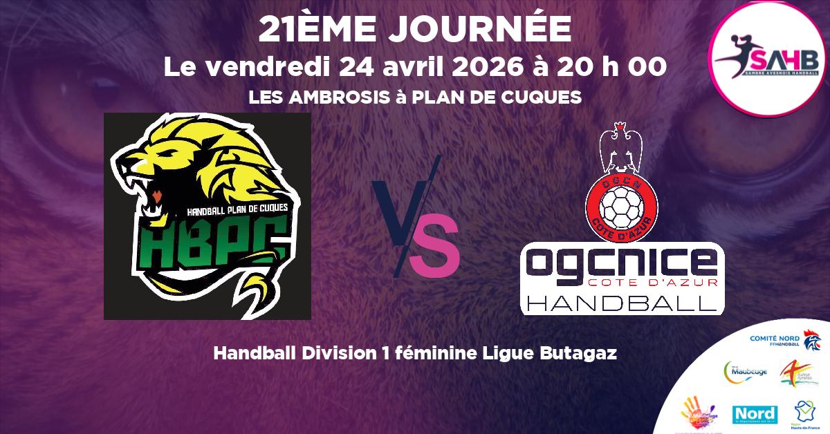 Division 1 féminine Ligue Butagaz handball, PLAN DE CUQUES VS OGC NICE COTE D'AZUR - LES AMBROSIS à PLAN DE CUQUES à 20 h 00