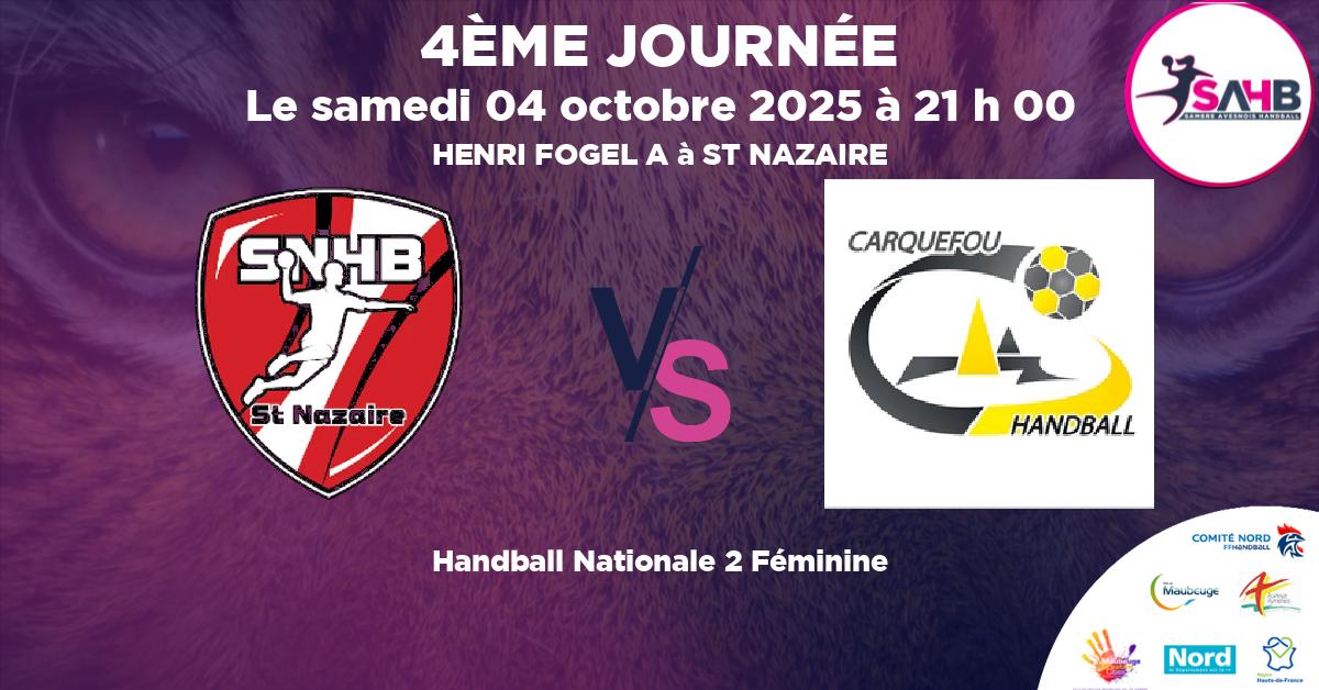 Nationale 2 Féminine handball, ST NAZAIRE VS CARQUEFOU - HENRI FOGEL A à ST NAZAIRE à 21 h 00